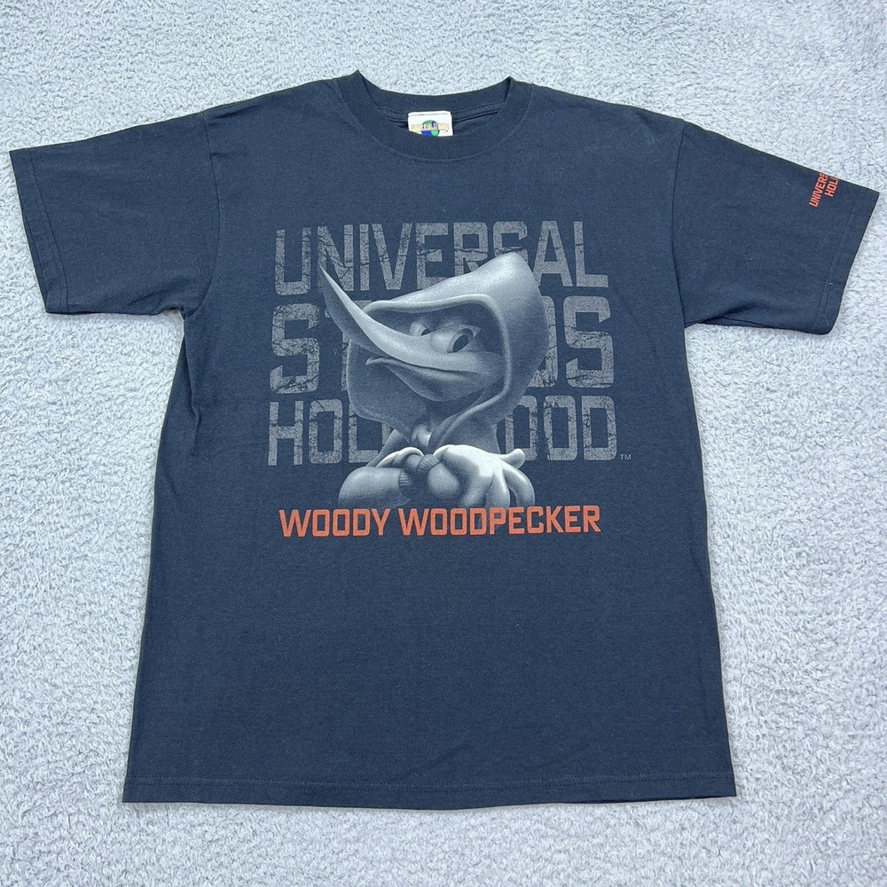 Universal Studios Mens Shirt Navy Hard Woody Woodpecker Hollywood Hood Graphic M